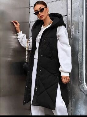 SHEIN Black Hooded Long Puffer Vest